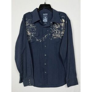 Machine Men's Button Up Shirt Blue Pinstripe Graphic Snap Western Retro XL